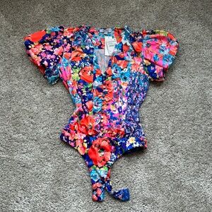 AFRM Los Angeles Patchwork Floral Short Sleeve Bodysuit Puffy Shoulders Size S